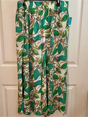 NWT Tropical Leaf Print Wide Leg Pants Green Pink & Cream 2X WOMEN PLUS SIZE
